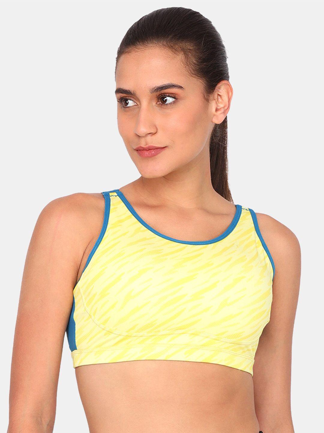 zelocity by zivame yellow & blue abstract non wired full coverage sports bra