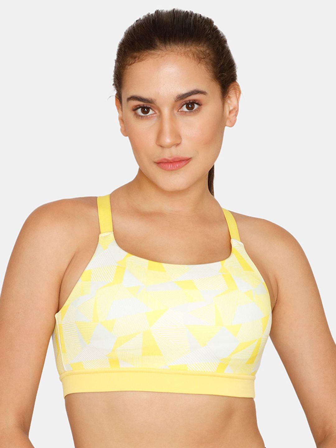 zelocity by zivame yellow & white abstract seamless non padded work out bra