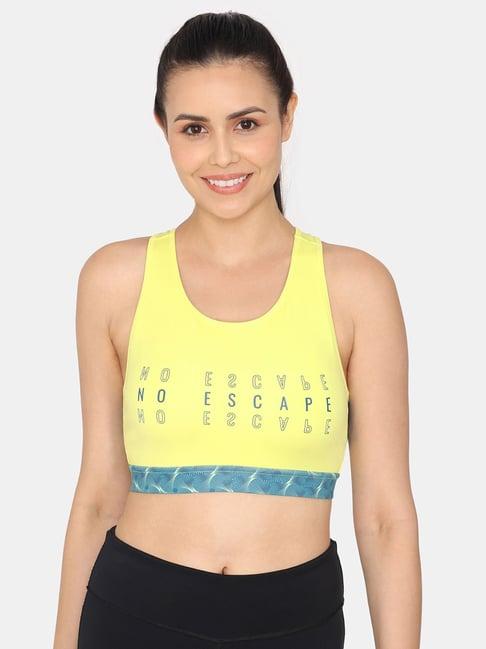 zelocity by zivame yellow printed sports bra with removable padding