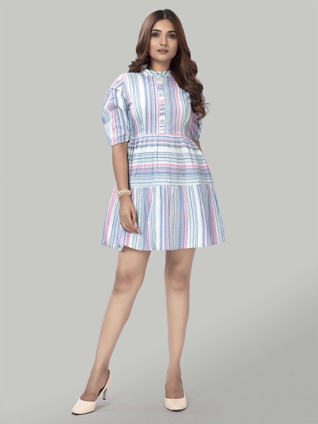zelzis striped puffed sleeves mandarin collar cotton fit and flare dress