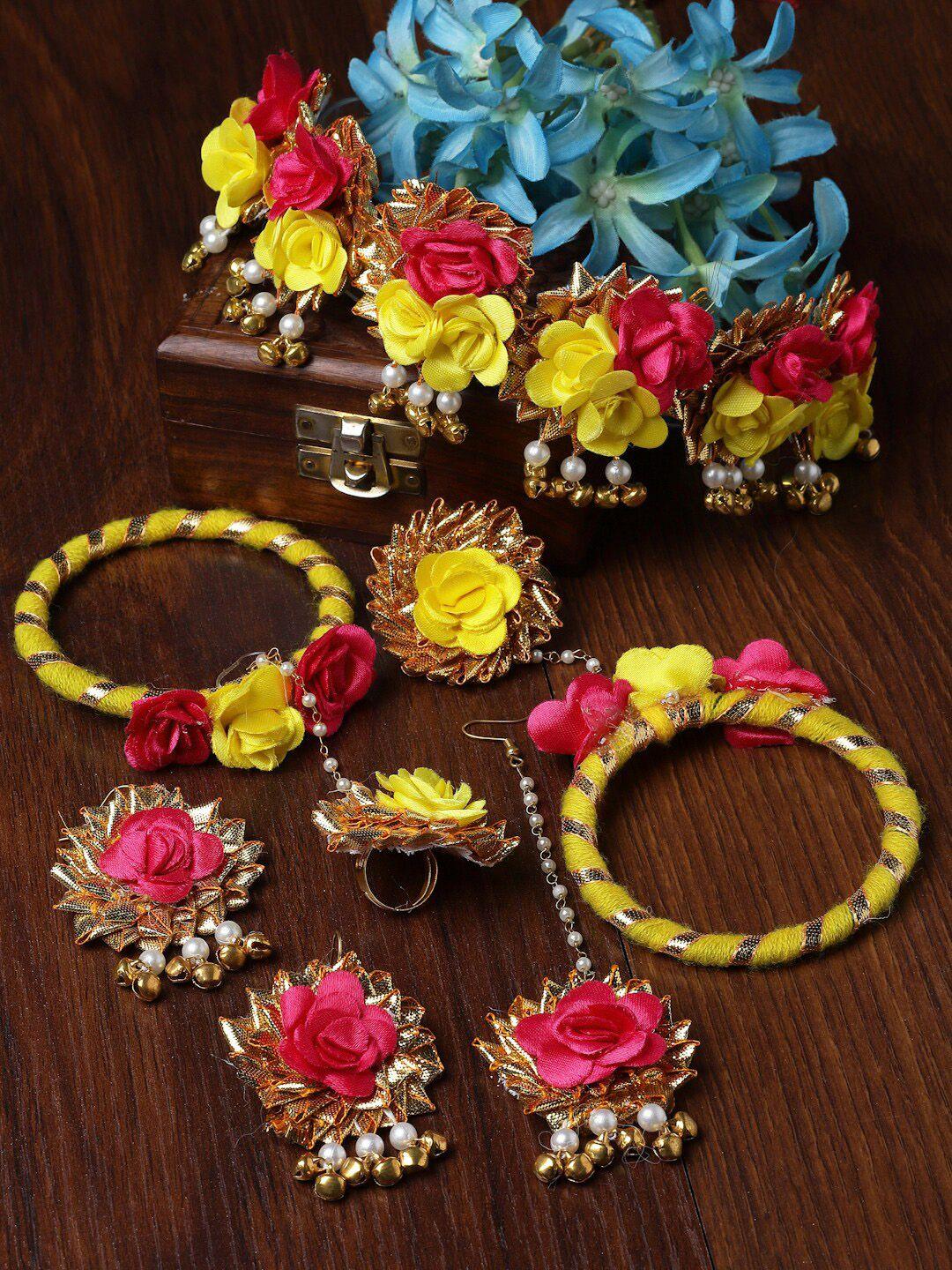 zeneme gold plated floral beaded haldi & mehendi jewellery set