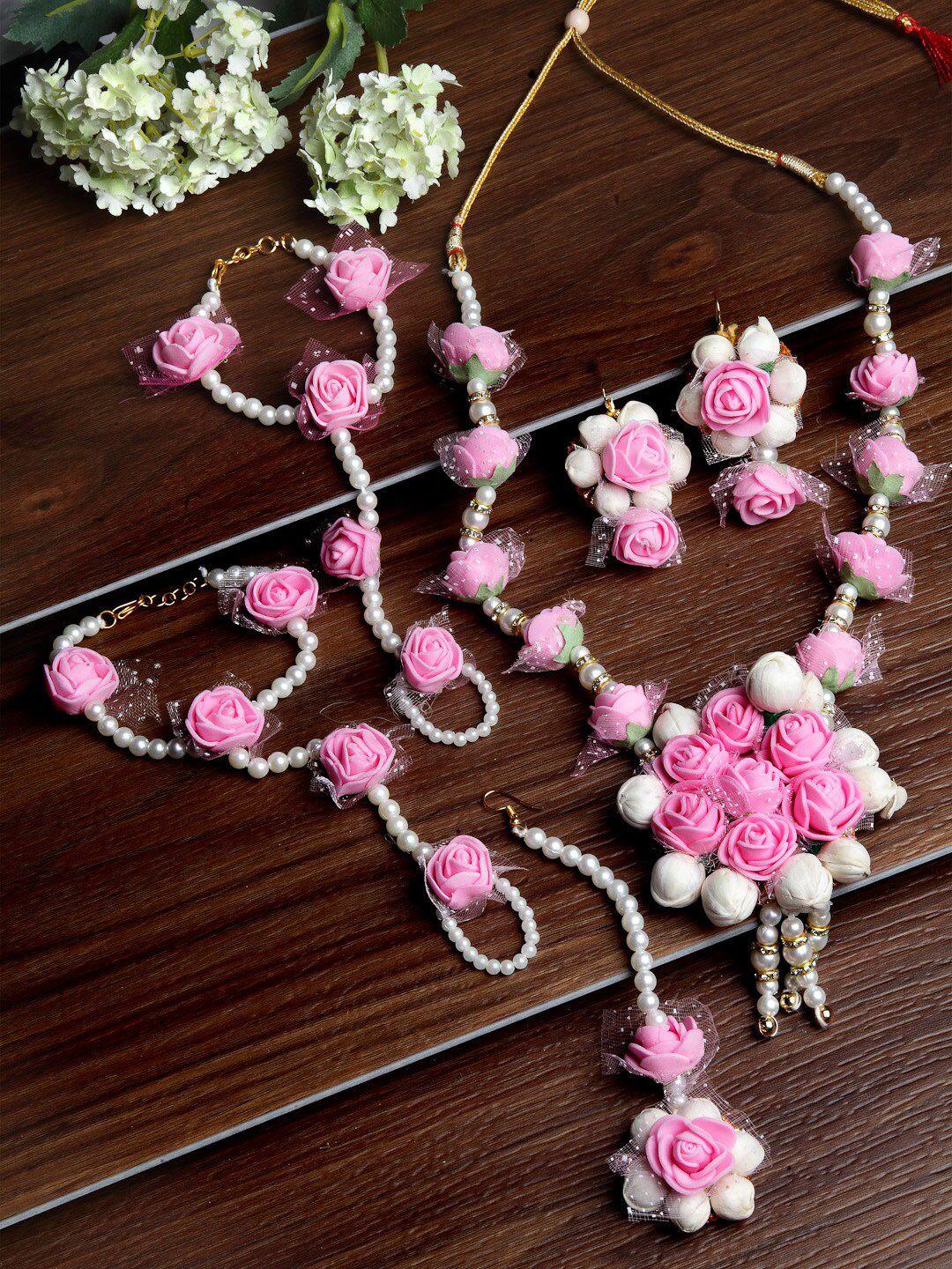 zeneme gold-plated pearl gota patti flower jewellery set