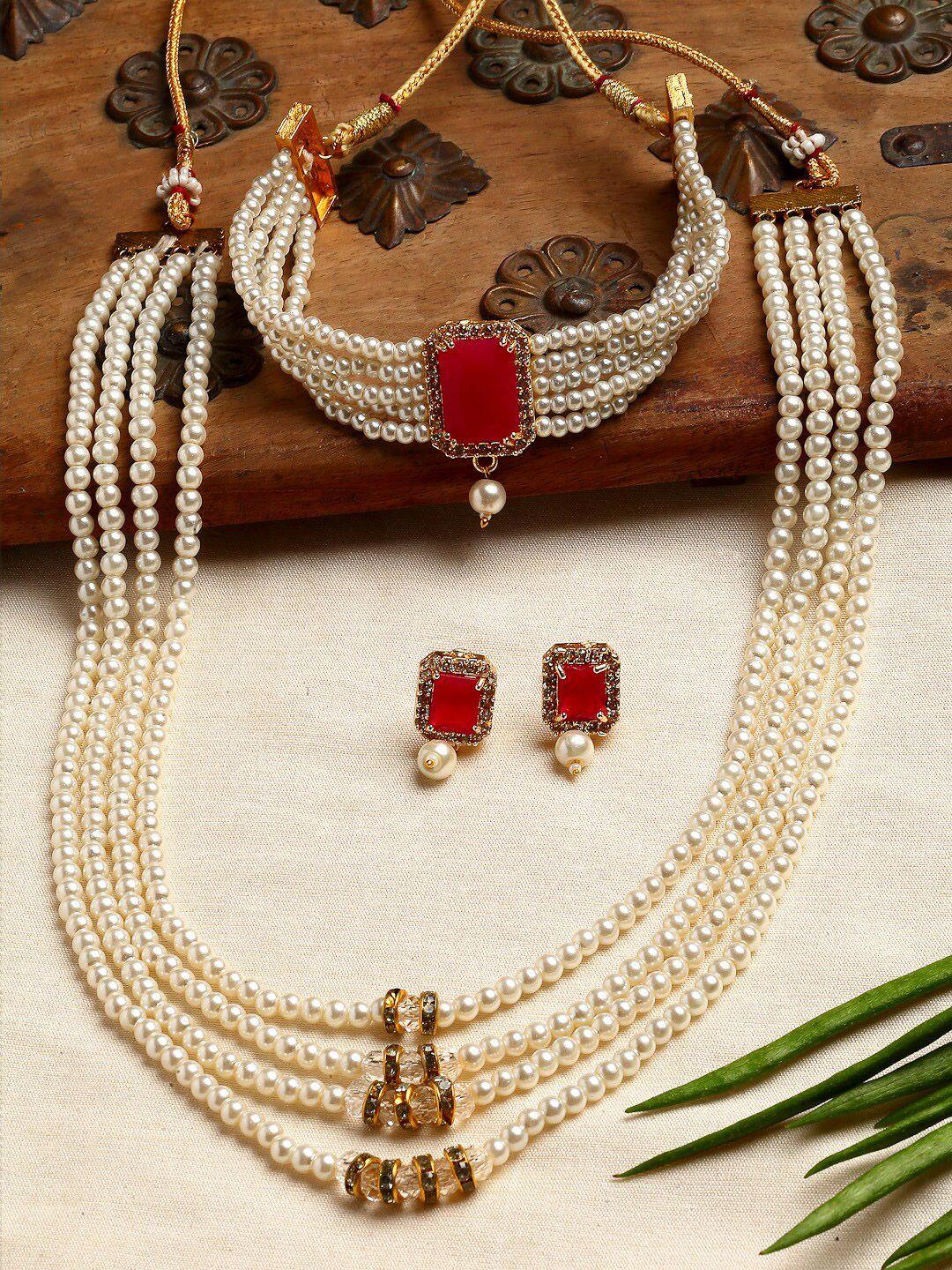 zeneme gold-plated stone-studded & pearl beaded jewellery set