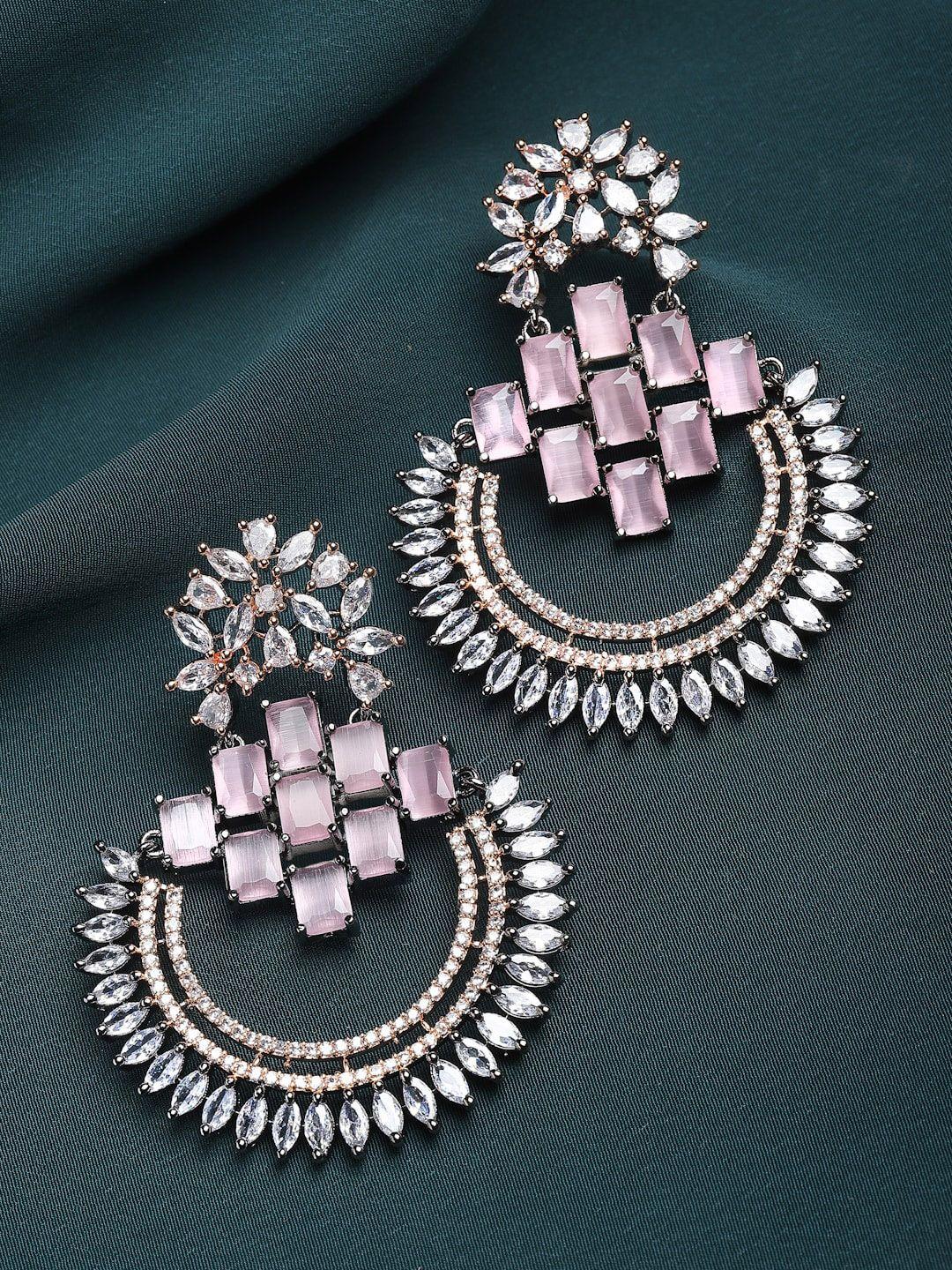 zeneme rose gold-plated american diamond contemporary chandbalis earrings