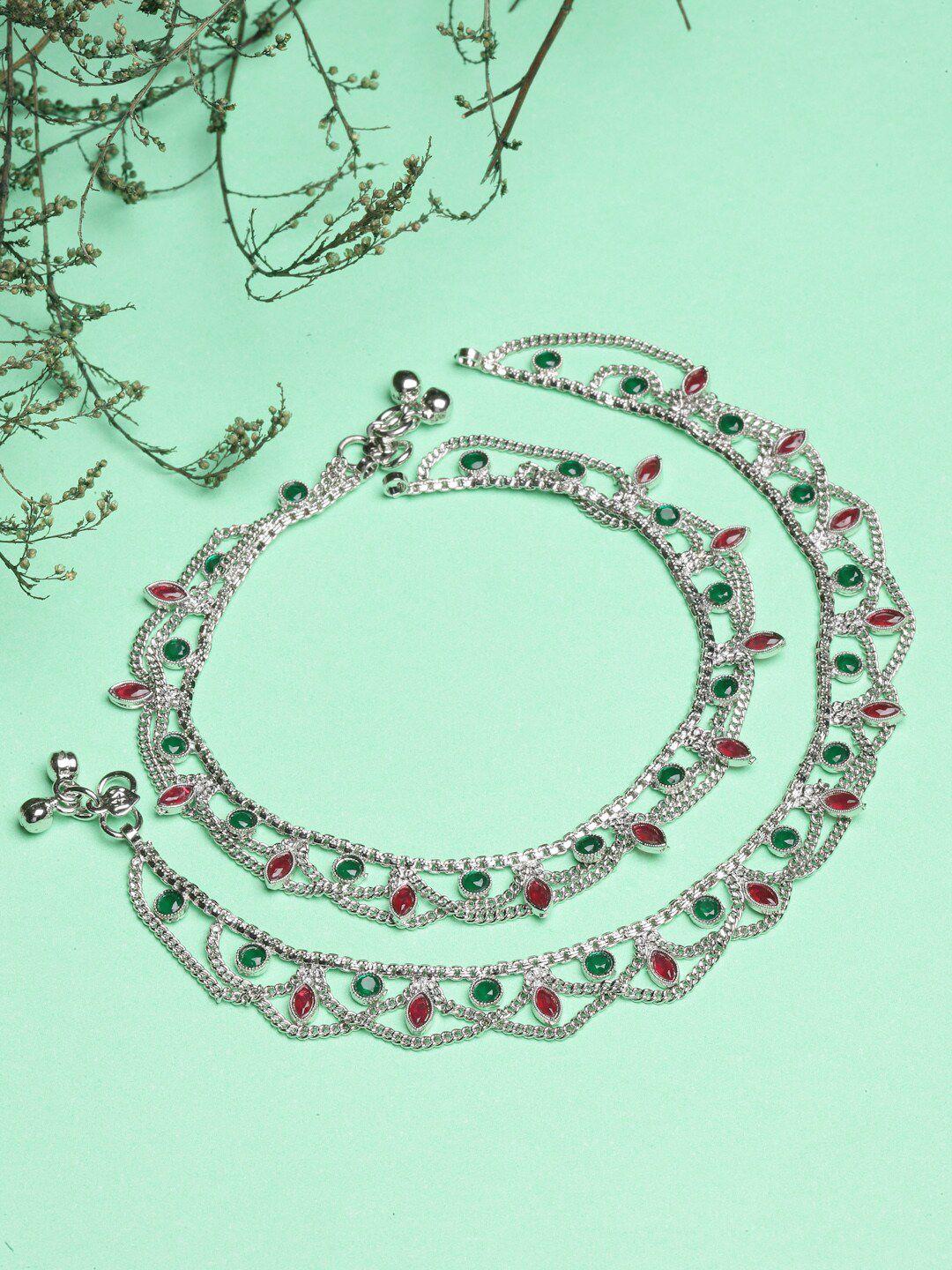zeneme set of 2 silver-plated oxidised stoned studded & beaded anklets