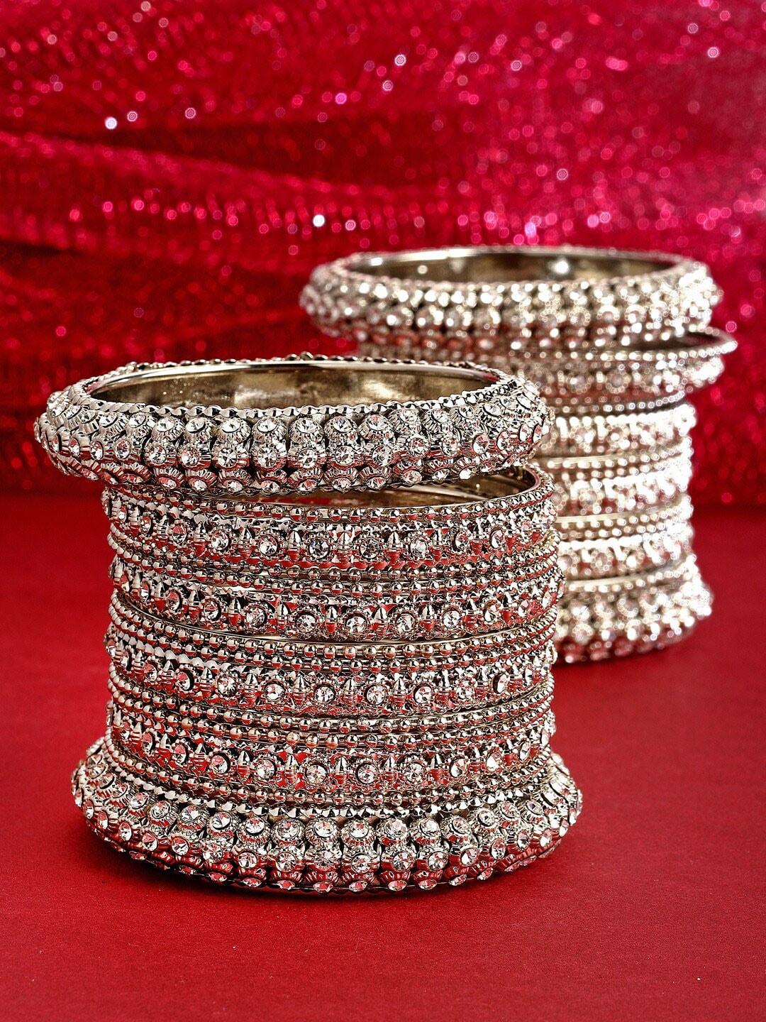 zeneme set of 28 silver-plated stone-studded textured oxidized bangles