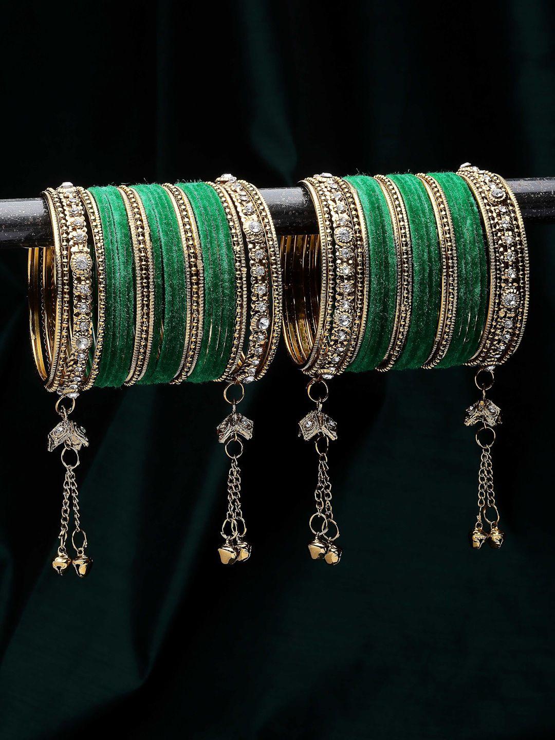 zeneme set of 56 gold-plated matte finish velvet ad studded gold pearl tasselled bangles