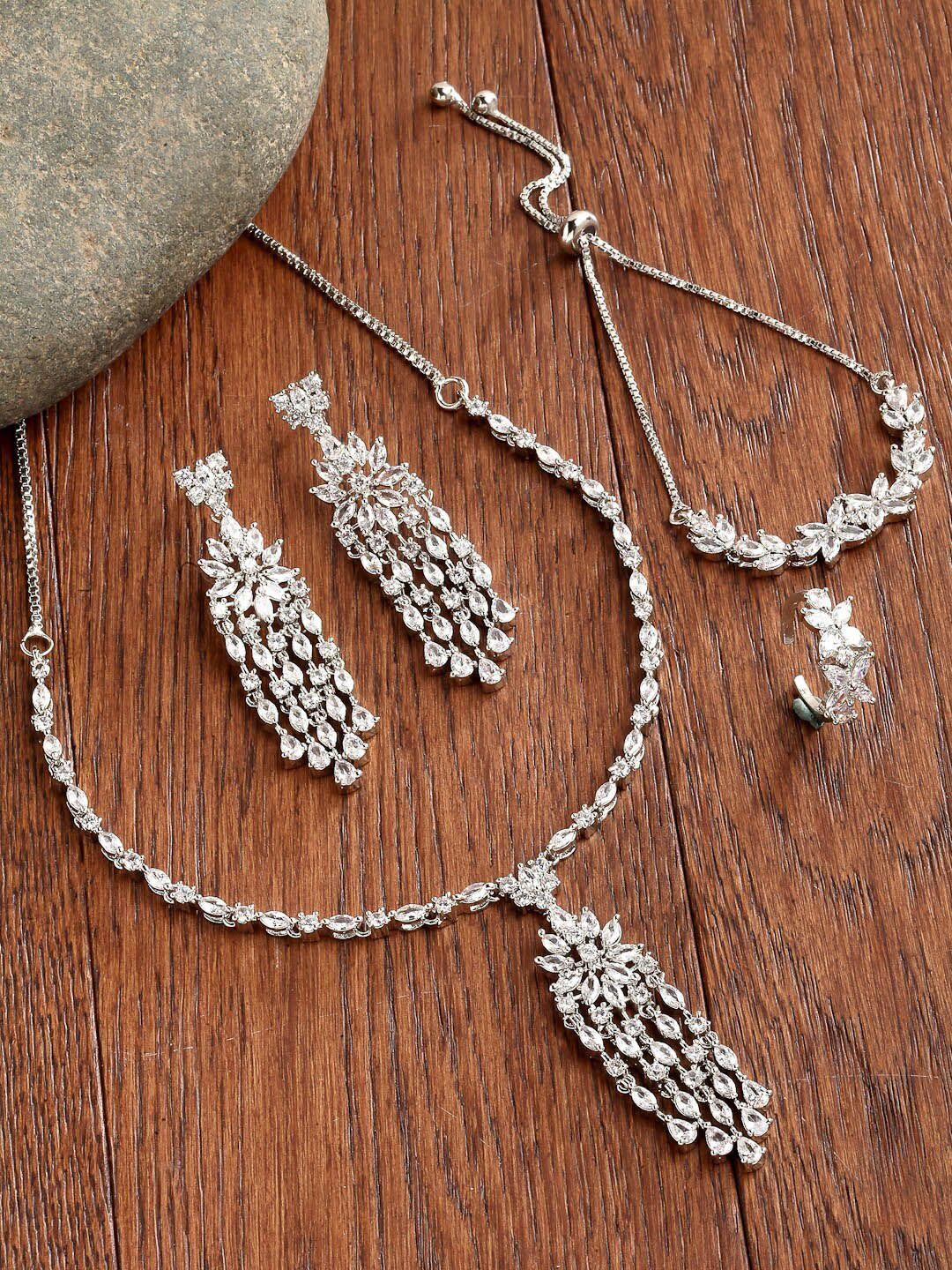 zeneme silver-plated white ad-studded jewellery set