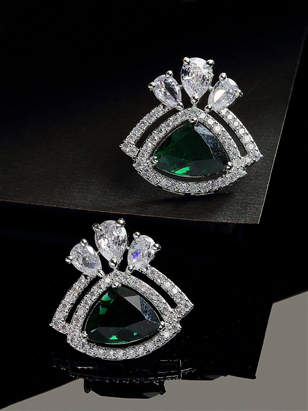 zeneme women green silver-plated american diamond studded triangular stud earring