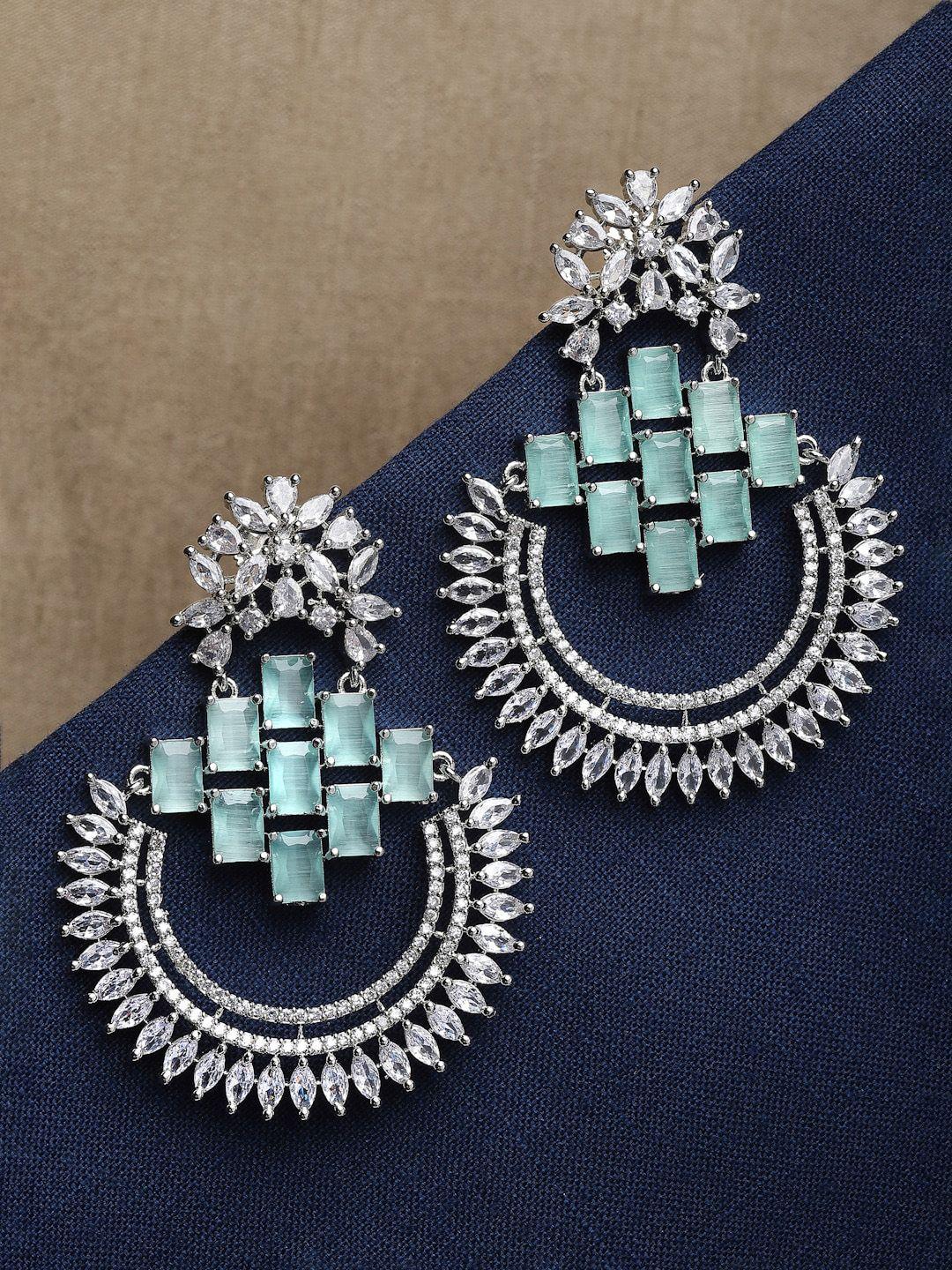 zeneme american diamond studded rhodium-plated chandbalis earrings