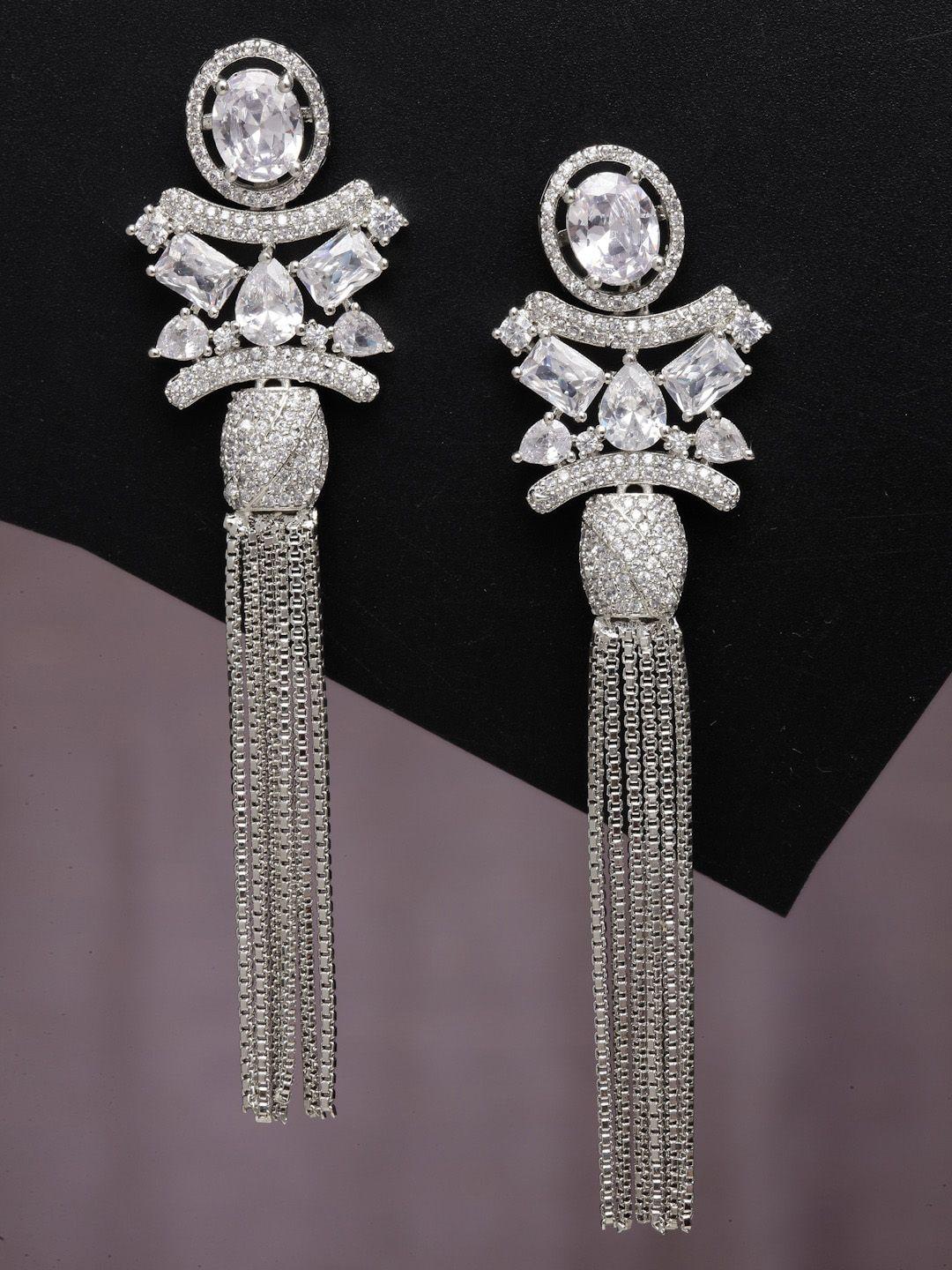 zeneme american diamond studded rhodium-plated drop earrings