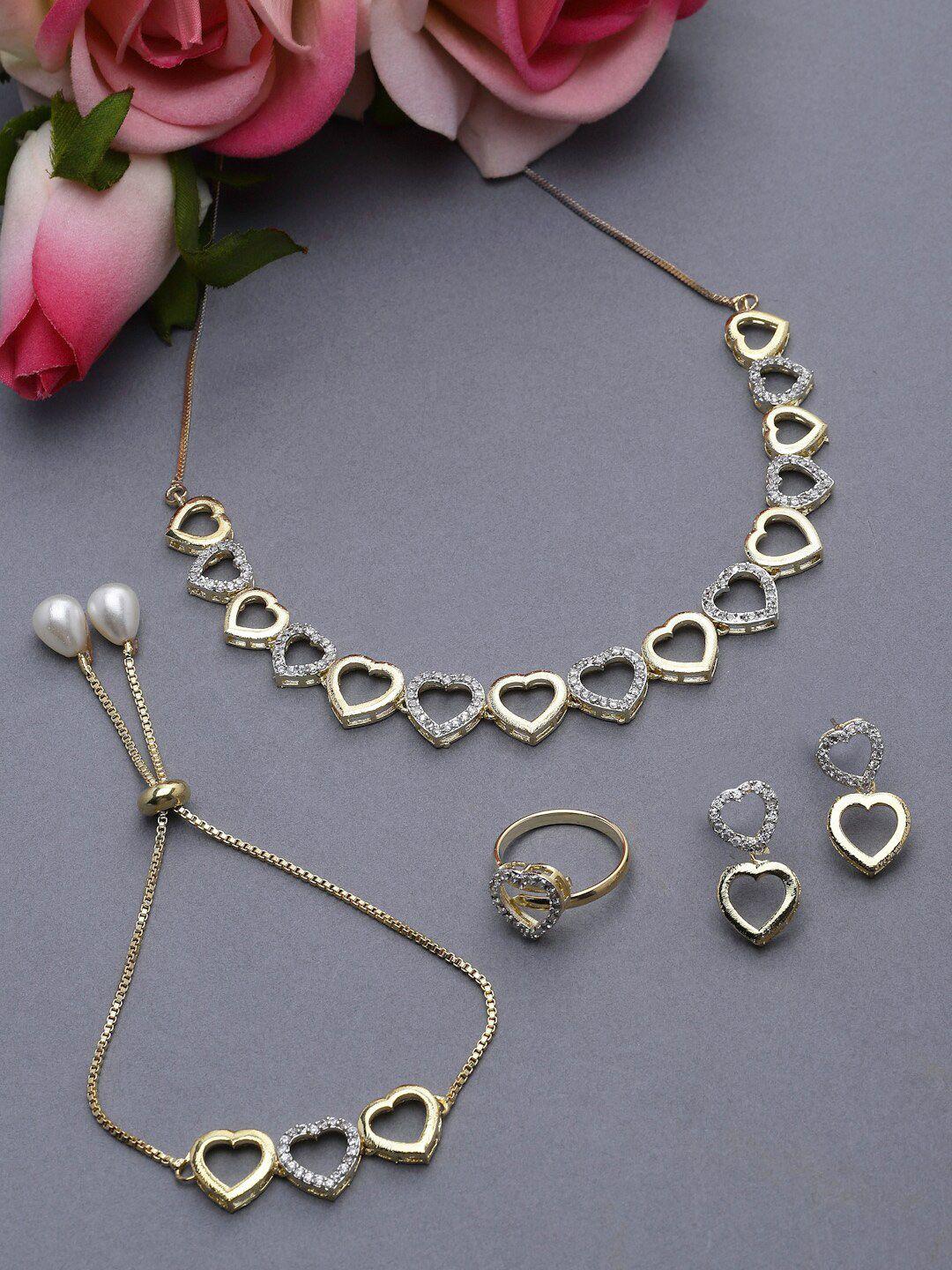 zeneme gold-plated american diamond-studded heart shaped jewellery set