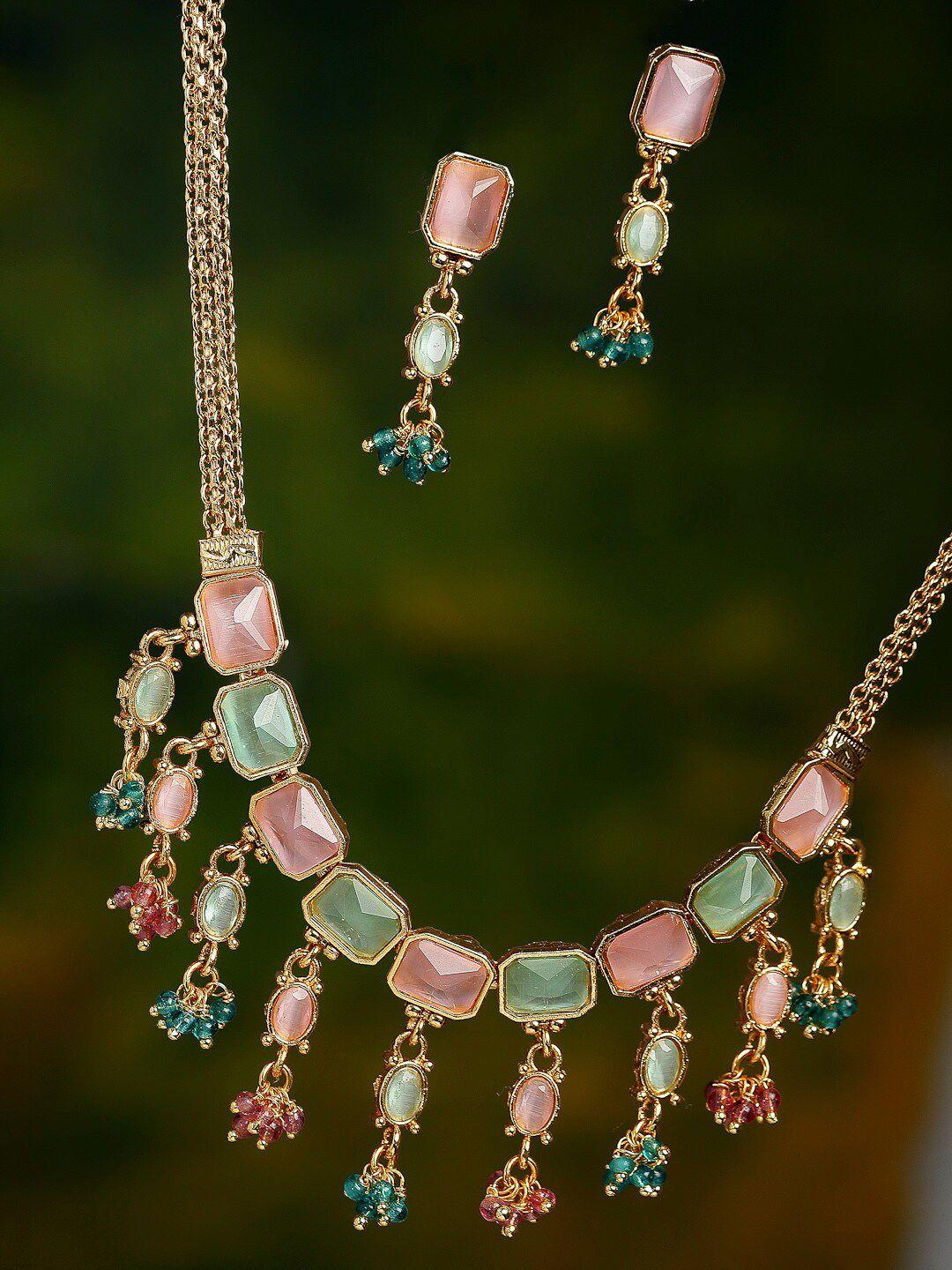 zeneme gold plated green & pink copper filigree necklace jewellery set