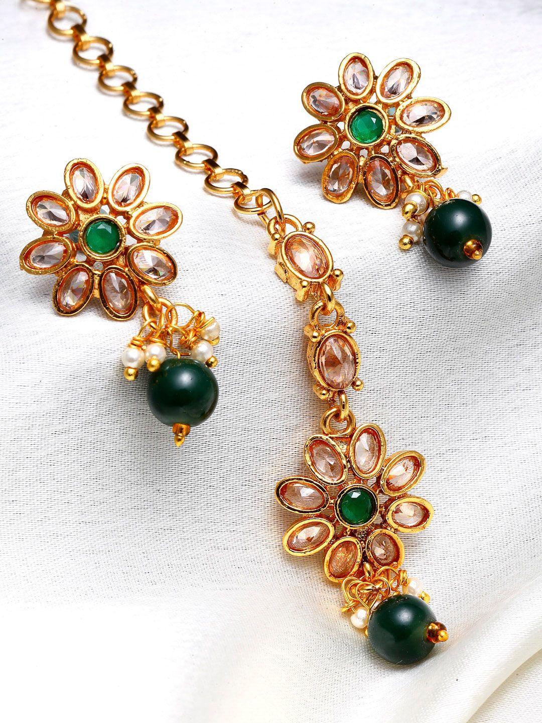 zeneme gold-plated green kundan stone studded maang tikka with earring