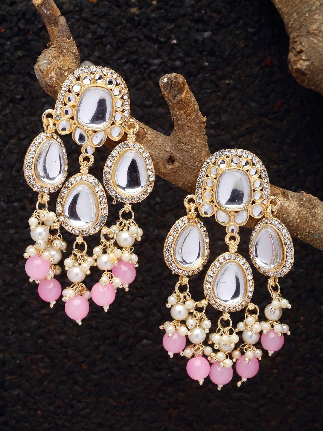 zeneme gold plated kundan stone and bead studded drop earrings
