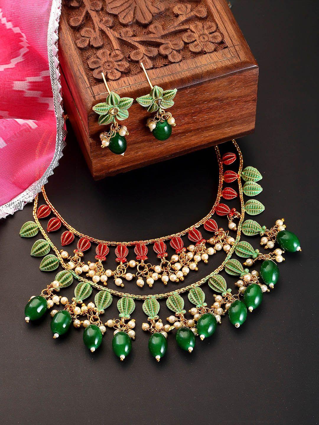 zeneme gold-plated red & green double layer necklace jewellery set