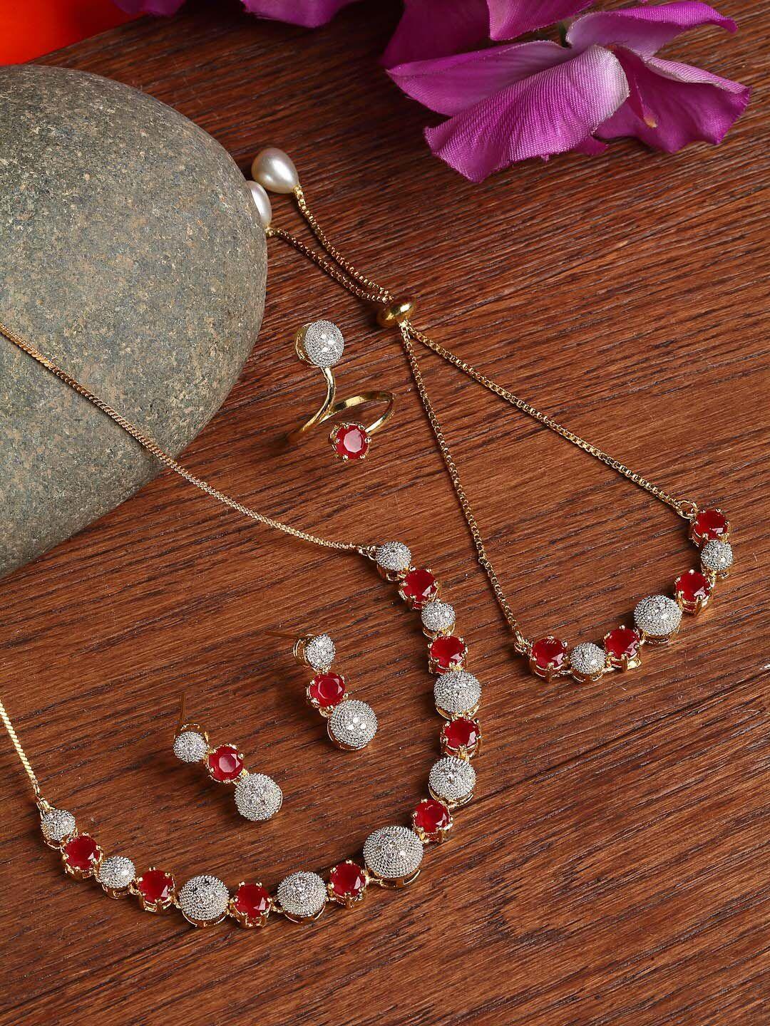 zeneme gold-plated red & white cz stone-studded jewellery set