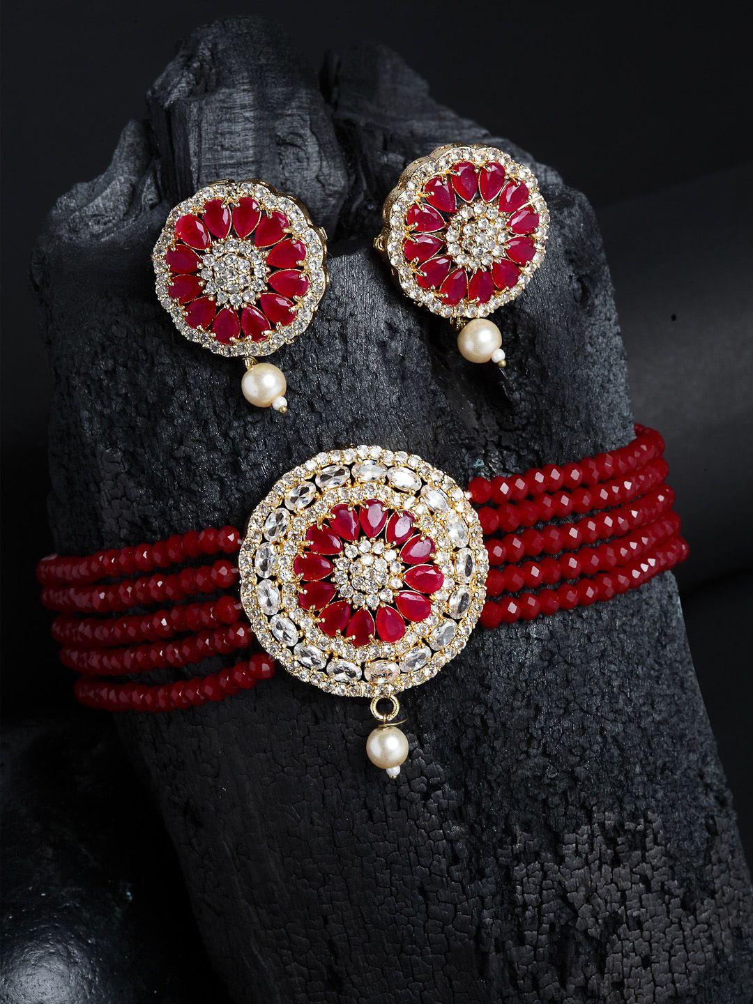 zeneme gold-plated stone studded & beaded choker jewellery set