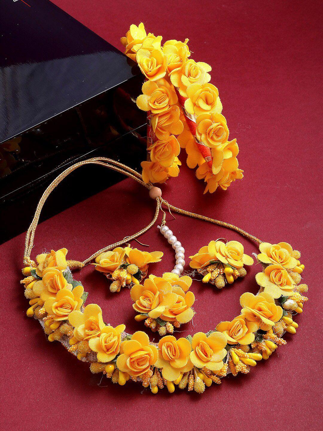 zeneme gold-plated yellow floral haldi jewellery set