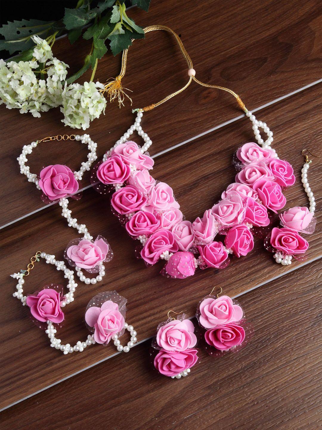 zeneme pink & white gold-plated pearl gota patti flower jewellery set