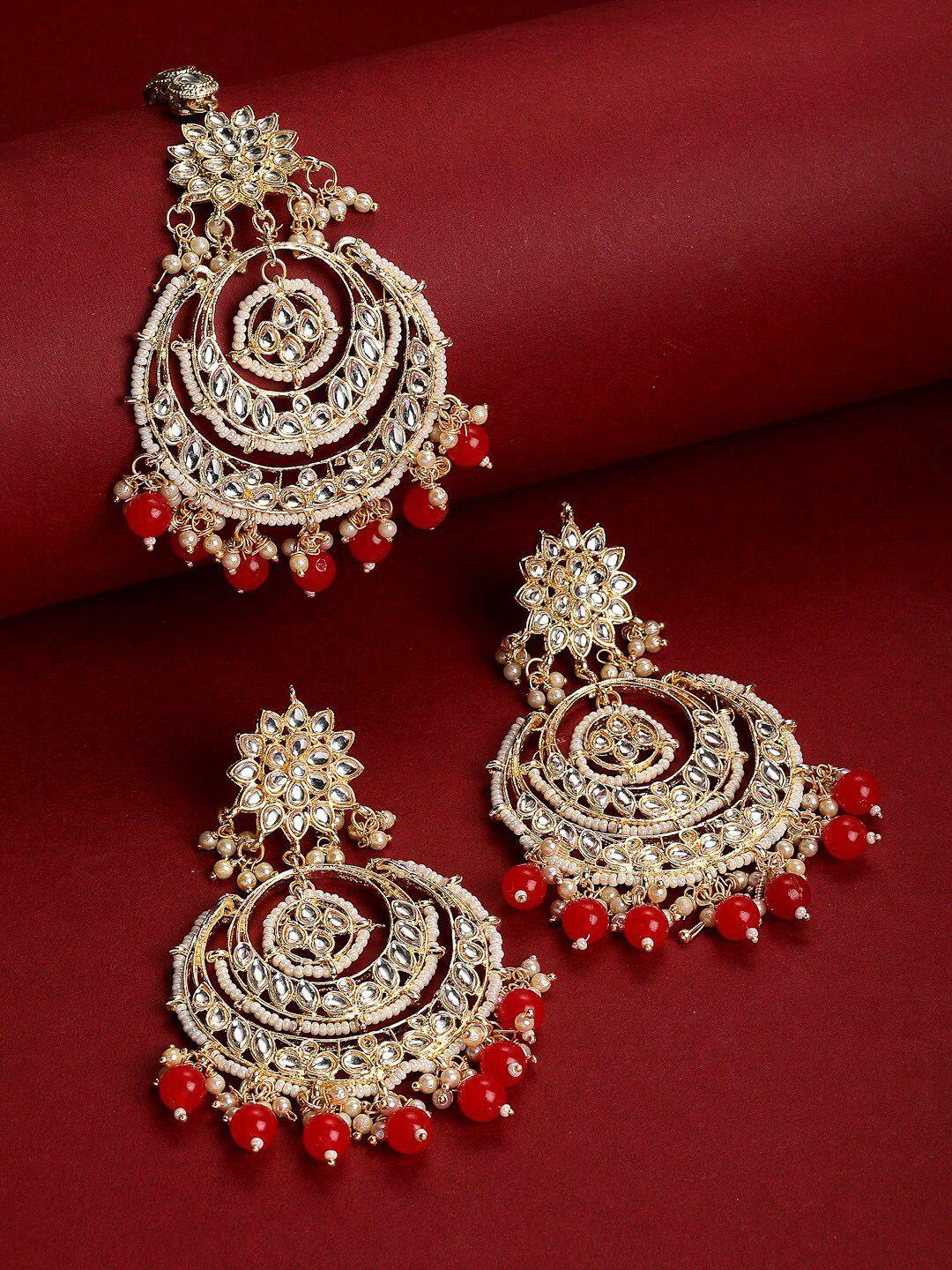zeneme red & gold plated stone studded & pearl beaded jewellery set