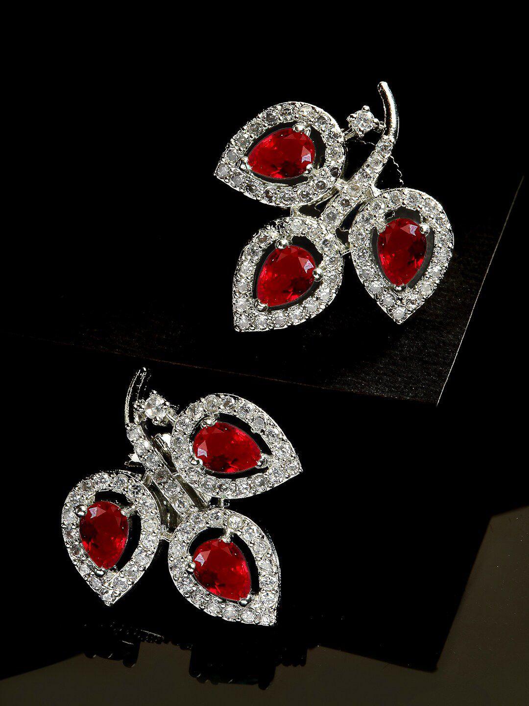 zeneme red leaf shaped studs earrings