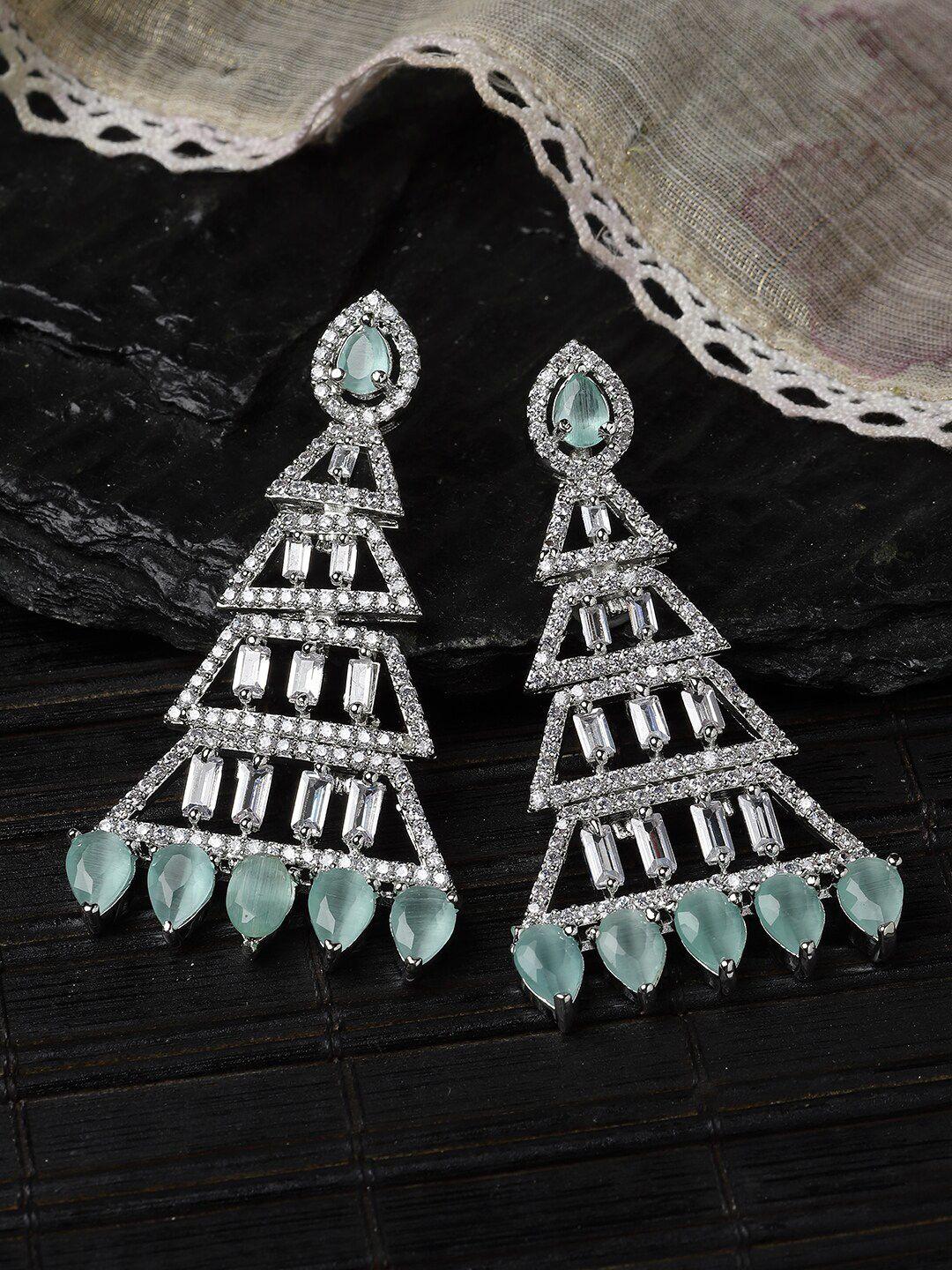 zeneme rhodium-plated ad studded triangular shaped drop earrings