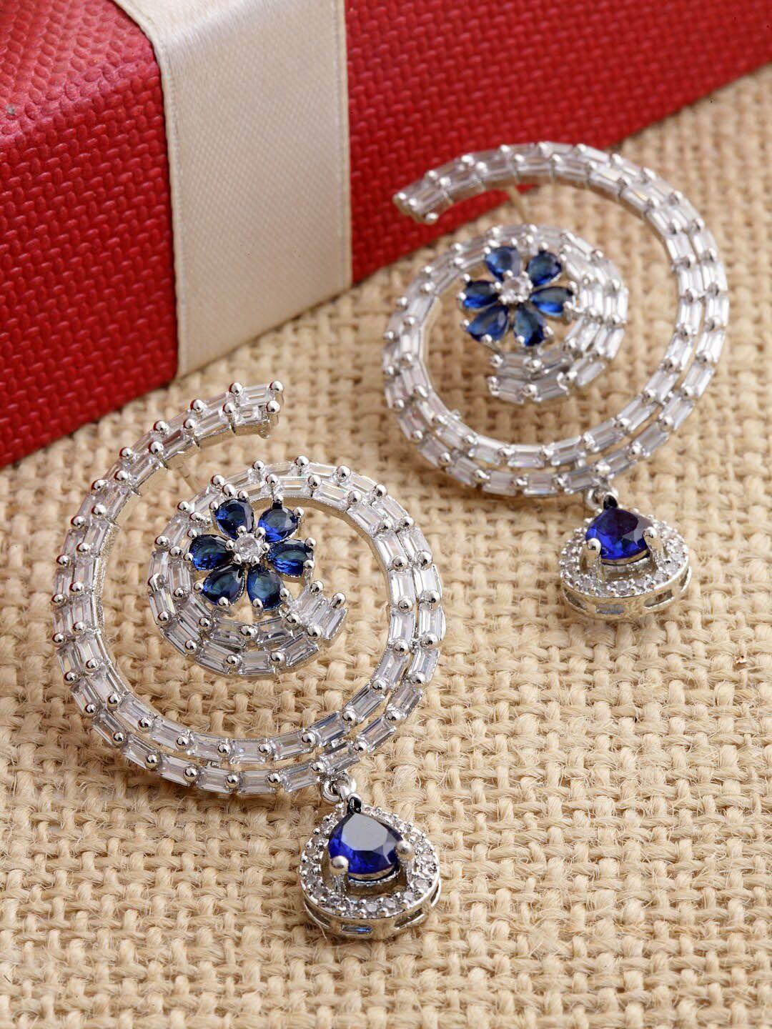 zeneme rhodium-plated american diamond circular drop earrings