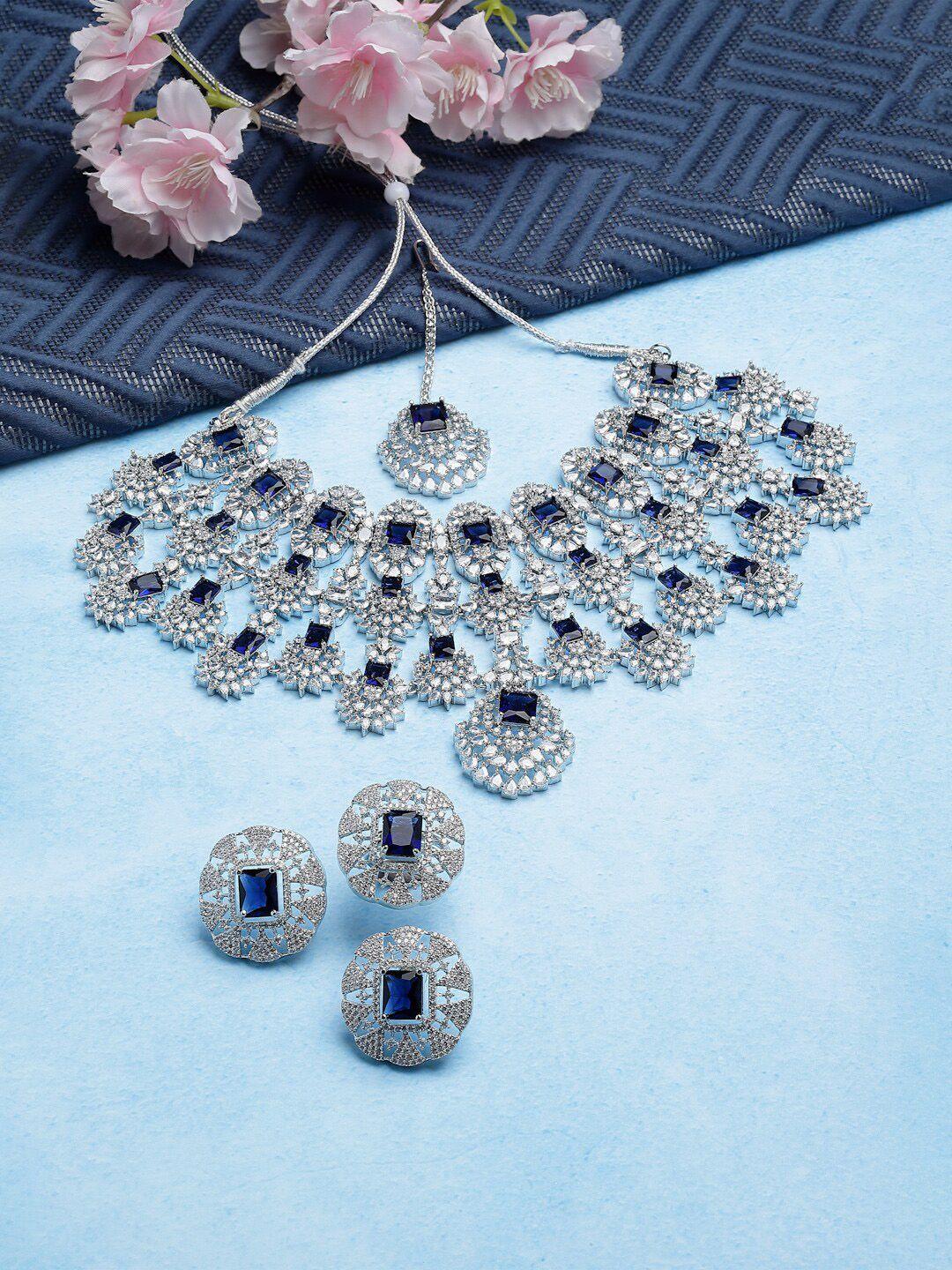 zeneme rhodium plated american diamond jewellery set