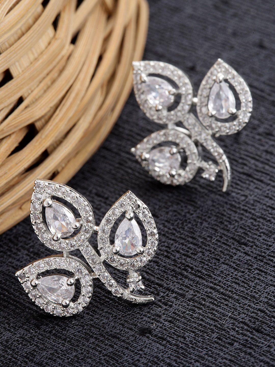 zeneme rhodium-plated american diamond leaf shaped studs earrings