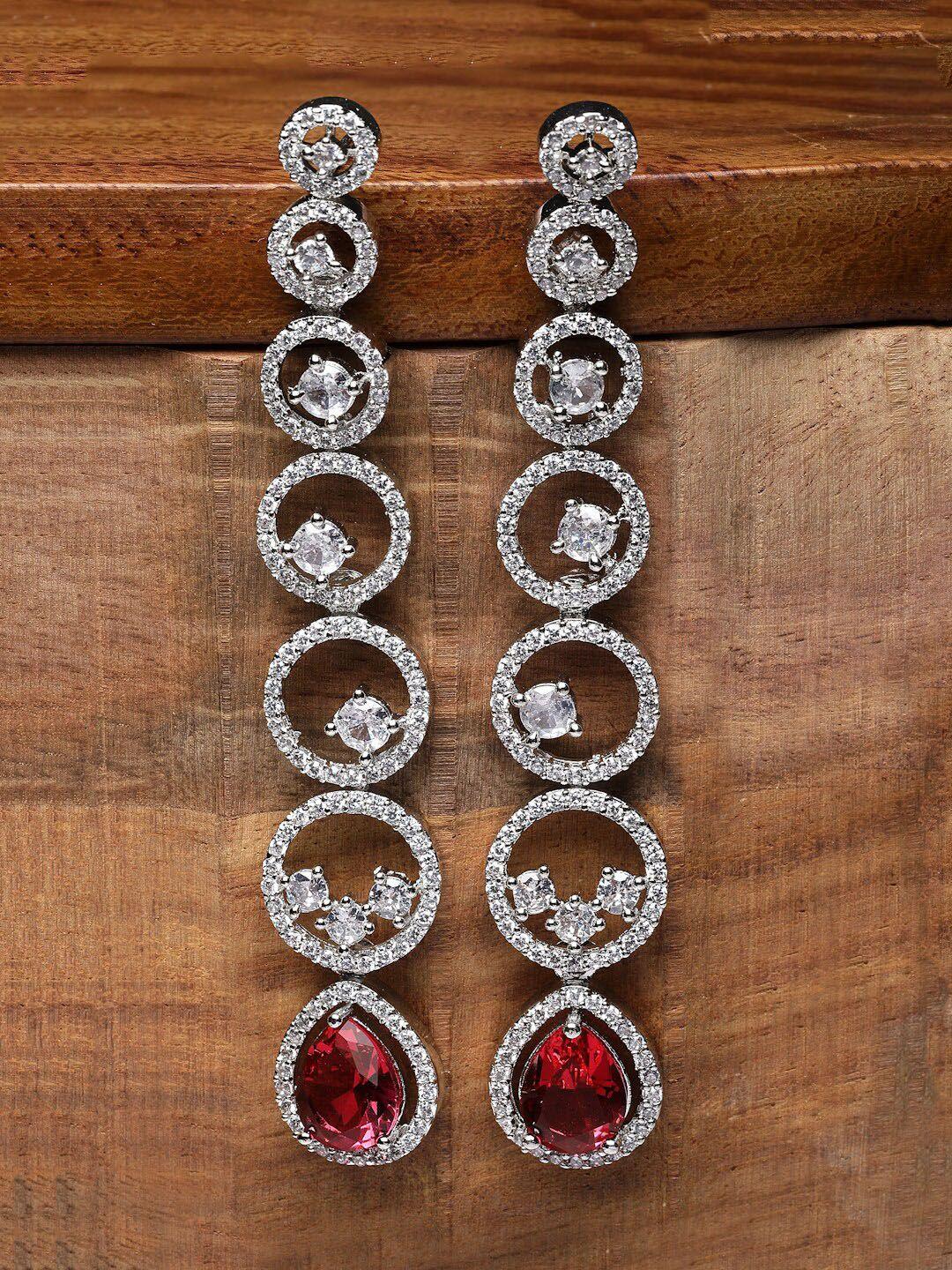 zeneme rhodium-plated american diamond studded circular shaped drop earrings