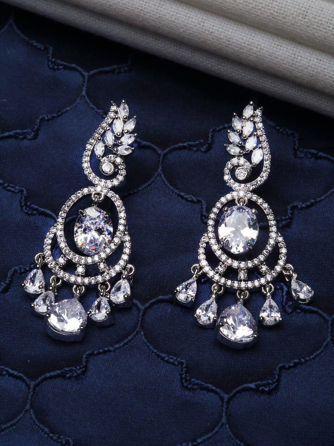 zeneme rhodium-plated american diamond studded contemparory drop earrings