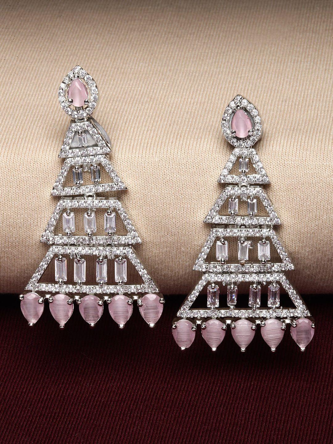 zeneme rhodium-plated american diamond studded triangular shaped drop earrings