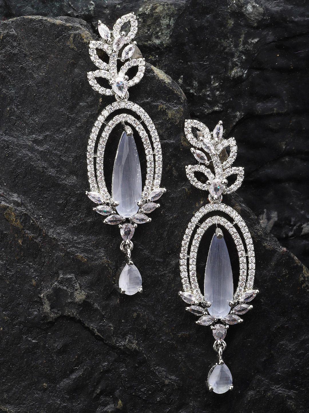 zeneme rhodium-plated american diamond teardrop shaped drop earrings