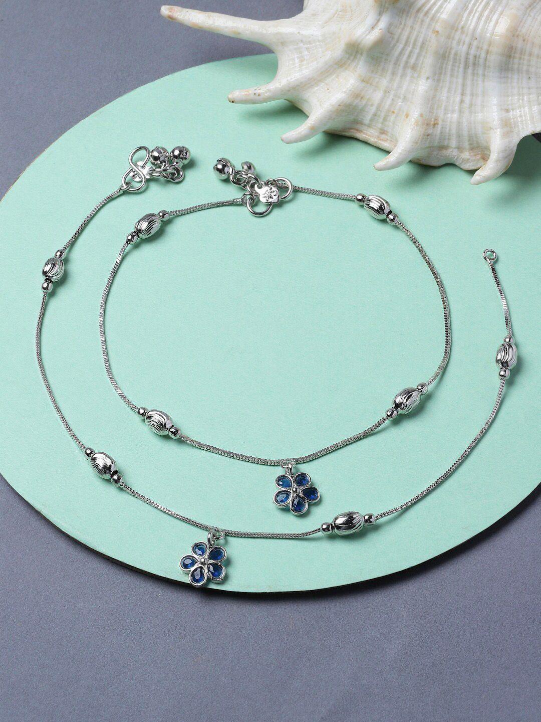 zeneme rhodium-plated artificial stone-studded beaded anklet