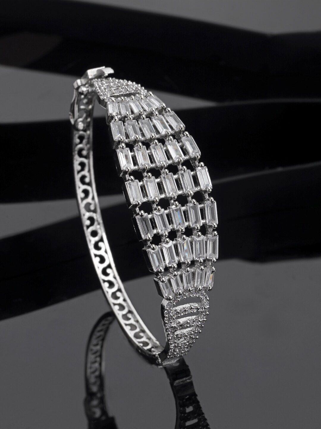 zeneme rhodium-plated brass american diamond-studded kada bracelet