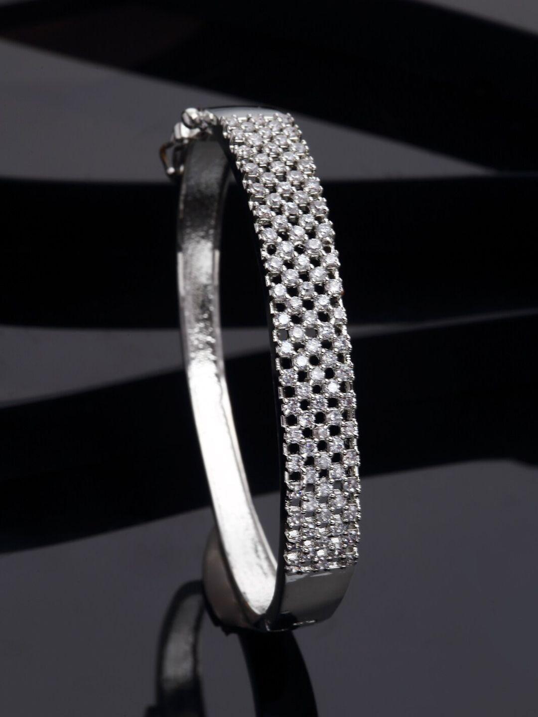 zeneme rhodium-plated brass american diamond-studded kada bracelet