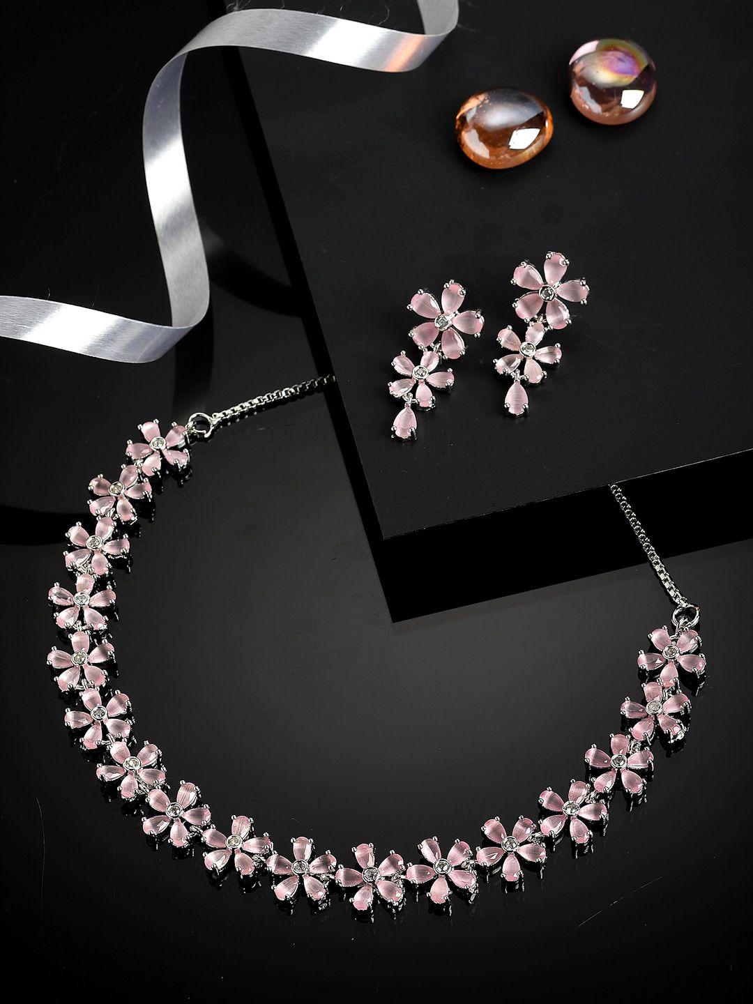 zeneme rhodium-plated pink ad-studded jewellery set