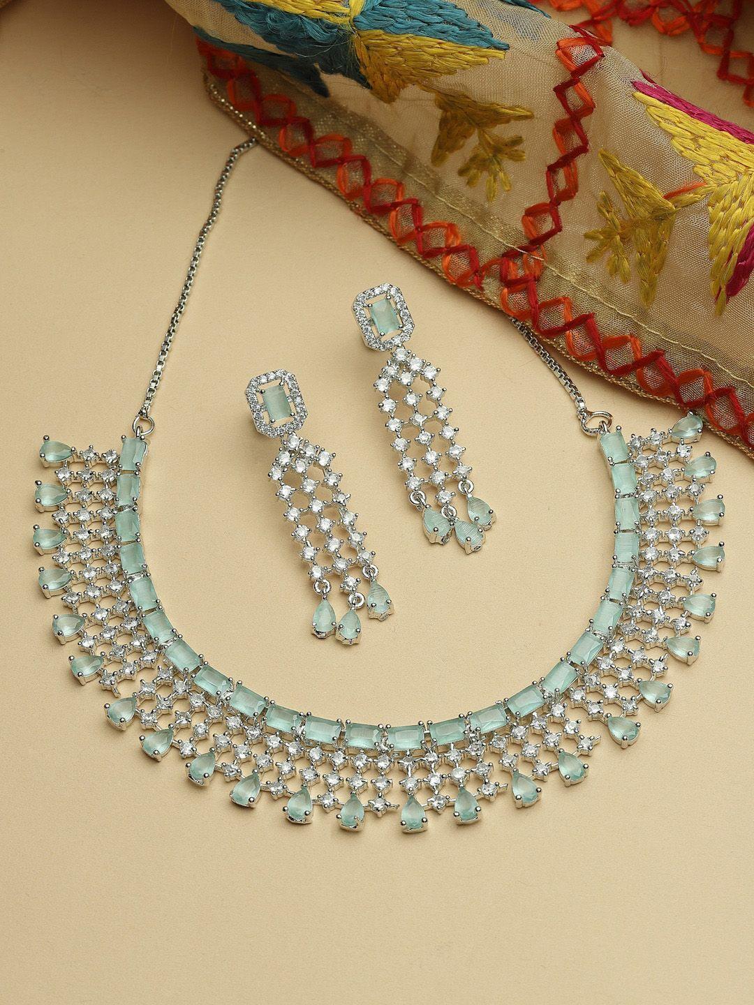 zeneme rhodium-plated sea green american diamonds-studded handcrafted jewellery set