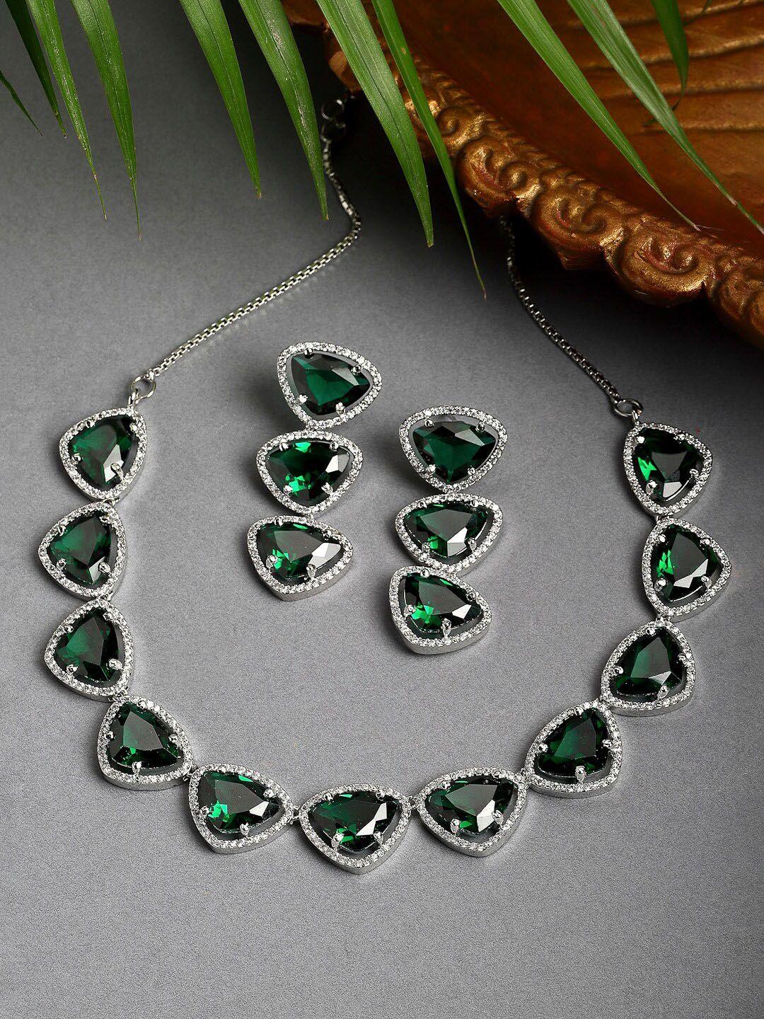 zeneme rhodium-plated silver toned handcrafted green ad studded triangular jewellery set