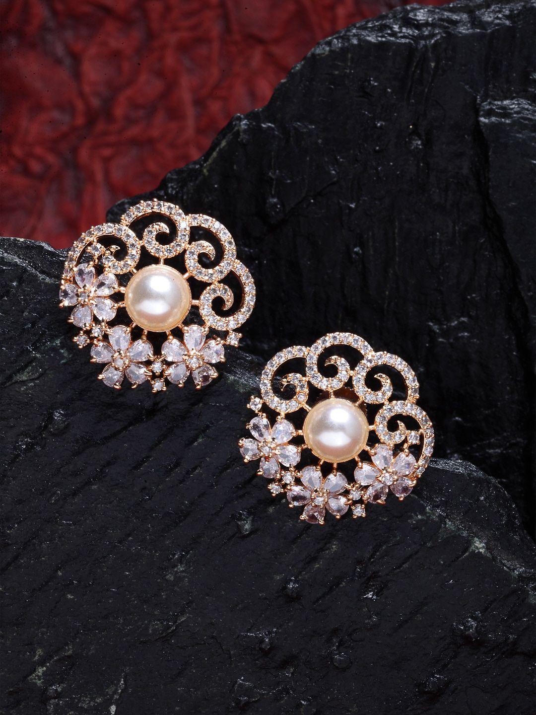 zeneme rose gold-plated & white floral studs earrings