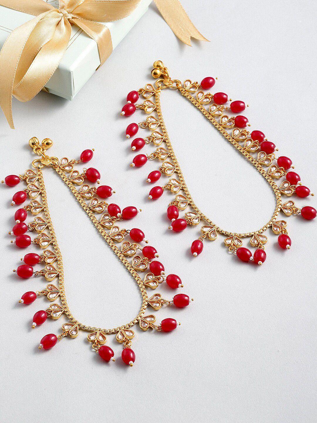 zeneme set of 2 gold-toned & red gold-plated kundan-studded beaded anklets