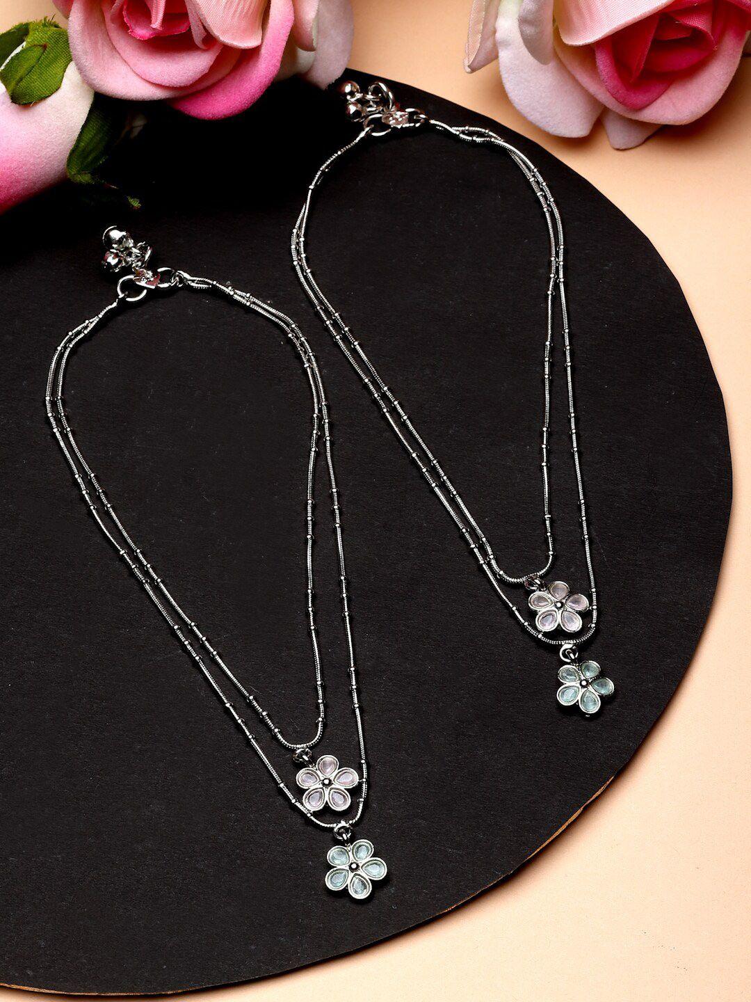 zeneme set of 2 rhodium-plated stone-studded floral charm anklets