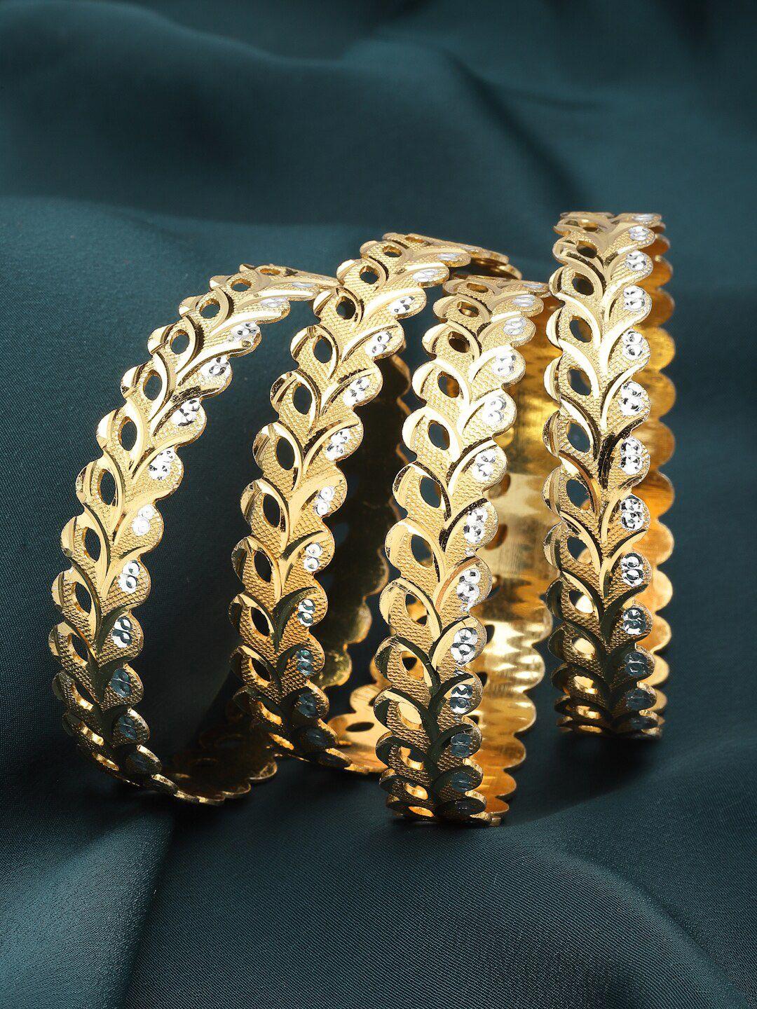 zeneme set of 4 gold-plated dual tone leaf textured bangles