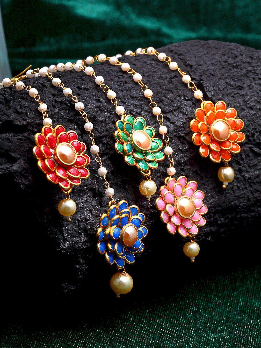 zeneme set of 5 multi colour gold-plated & stone studded mangtikka