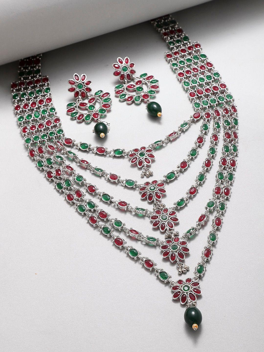 zeneme silver-plated green & red kundan-studded layered jewellery set