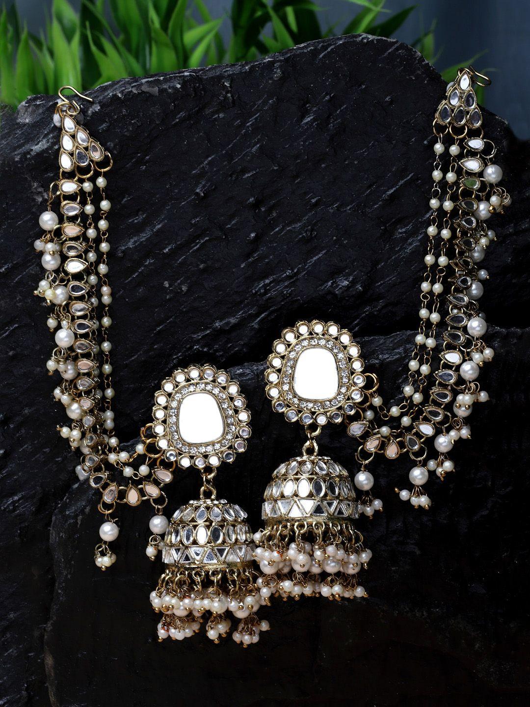 zeneme silver-plated stone studded & beaded dome shaped jhumkas with ear chain