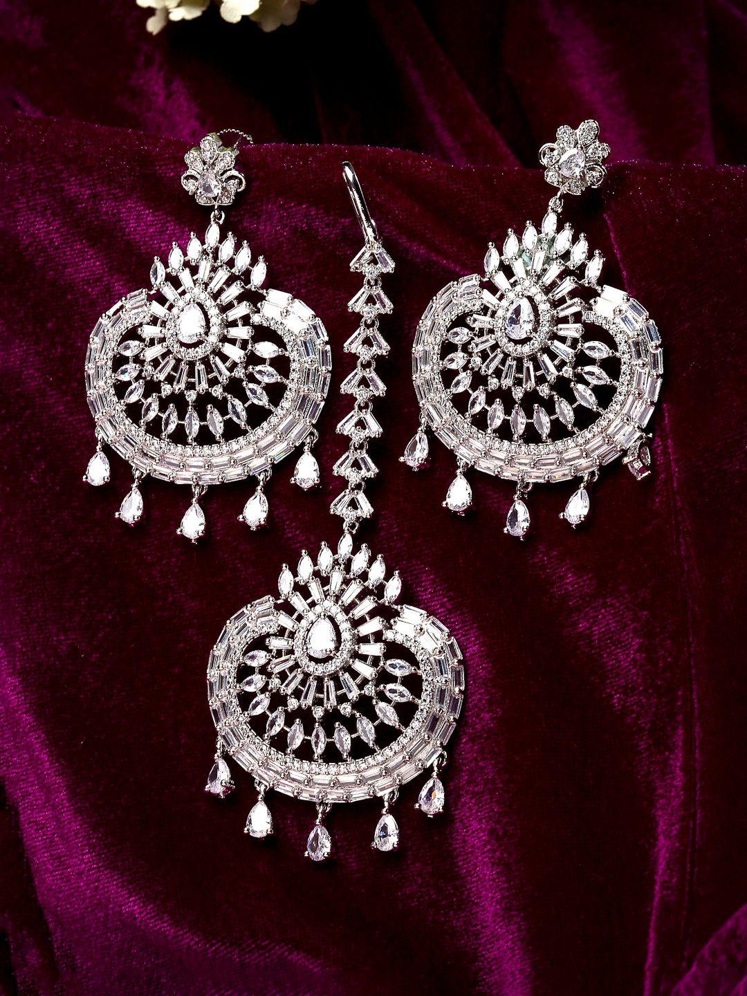 zeneme silver-toned silver-plated white ad-studded maang tikka and earrings set