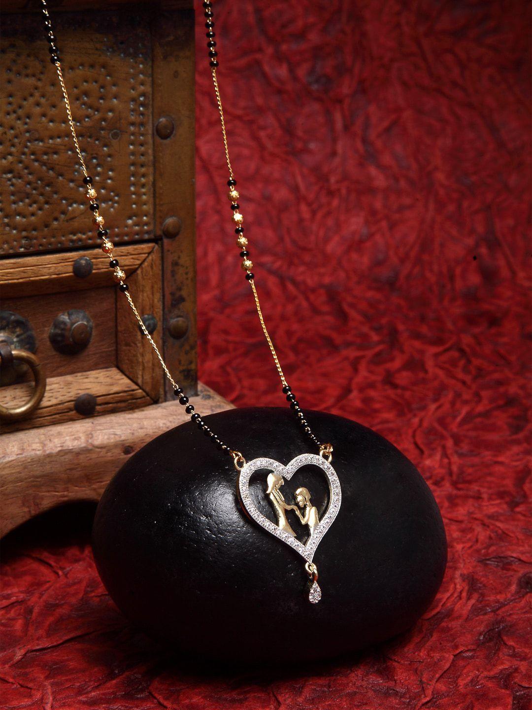 zeneme white gold-plated heart shaped american diamond studded beaded mangalsutra