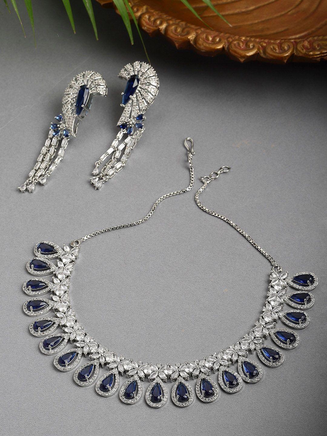 zeneme women blue rhodium-plated ad studded crescent design jewellery set